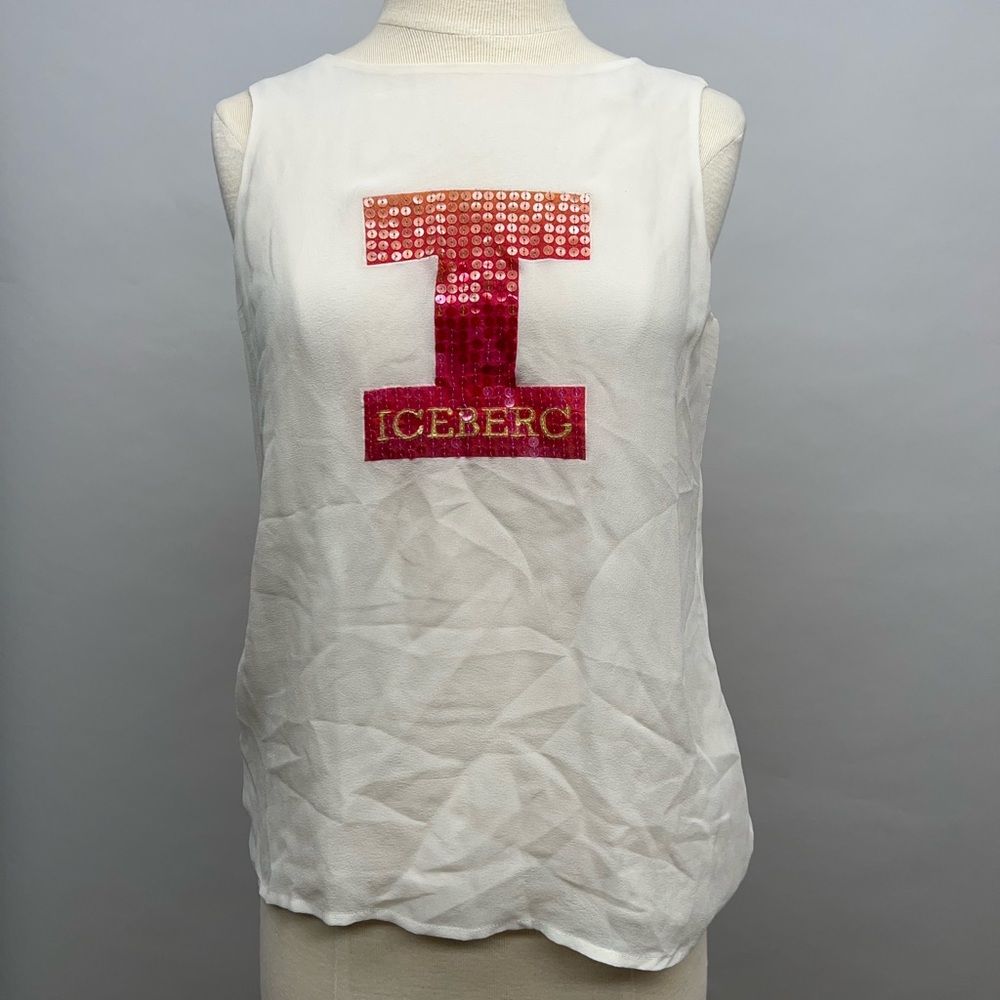 Vintage 90s iceberg sequin logo silk tank top. Made in Italy.